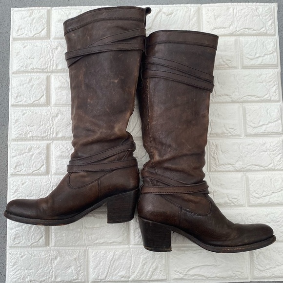 Frye Jane Strappy Tall Boots Leather Brown Sz 7.5 - Picture 3 of 10
